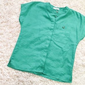 Vintage Green Linen Button-Up Short Sleeve Shirt
